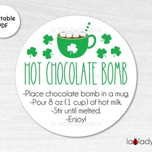 St. Patrick&#39;s Day Hot Chocolate Bomb tag. St. Patricks Hot cocoa bomb tag. Printable tags for hot chocolate bombs . Instant download.