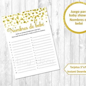 Juegos voor een babyshower voor een impressie. Naam van de baby. Naamloze naam. Download onmiddellijk. Babynamenspel voor babyshower in het Spaans.