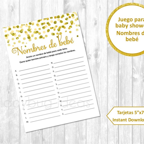 Juegos para baby shower para imprimer. Noms de bebe. Carrera de nombres. Descarga inmediata. Jeu de noms de bébé pour baby shower en espagnol.