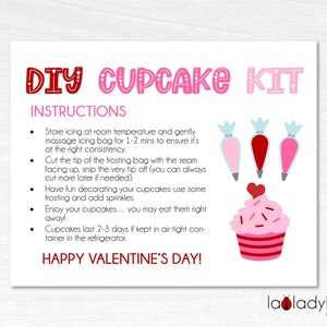 Kit Cupcake DIY Saint-Valentin Carte imprimable. Instructions pour le kit Cupcakes de la Saint-Valentin. Instructions imprimables pour la Saint-Valentin pour le kit de cupcakes DIY.