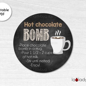 Hot Chocolate Bomb tag. Hot cocoa bomb instructions card. Printable tags for hot chocolate bombs. Instant download. Round label for cocoa.