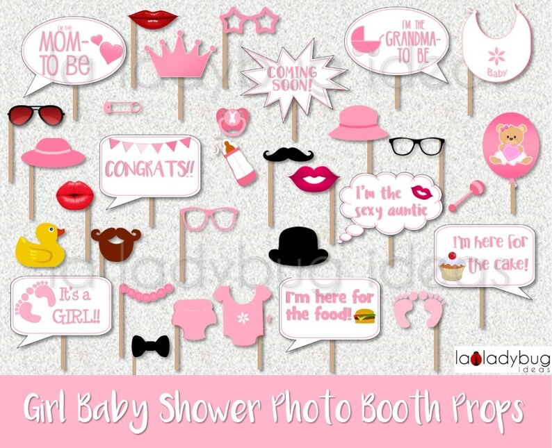 Baby shower photo booth props Pink for Girl, Printable. DIY baby shower selfie station. Instant download. PDF Digital file. High resolution. image 1