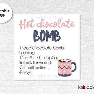 Hot Chocolate Bomb tag. Hot cocoa bomb instructions card. Printable tags for hot chocolate bombs. Instant download. Square label for cocoa.