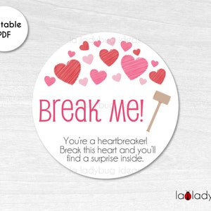Break me tag. Breakable heart chocolate tag. Printable tags for breakable chocolate heart. Break me printable tag. Instant download