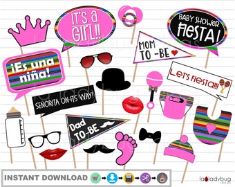 Fiesta Baby Shower Photo Booth Props for Girl (PDF Printable)