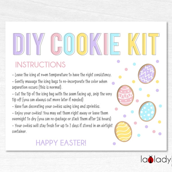 Easter DIY Cookie kit instructions. Printable Instructions card for DIY cookie kit. Easter Cookie kit card Printable file for instructions.