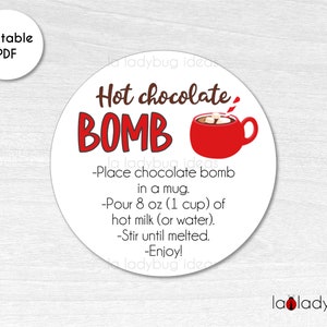 Hot Chocolate Bomb tag. Hot cocoa bomb instructions card. Printable tags for hot chocolate bombs. Instant download. Round label for cocoa.