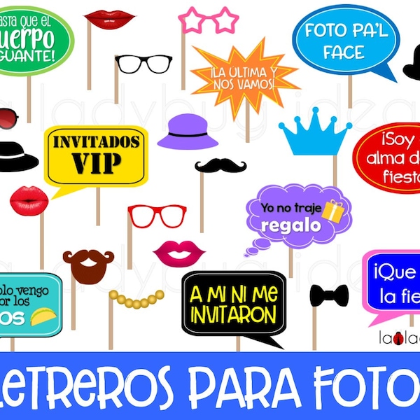 Letreros para fotos de fiesta. Archivo PDF para imprimir. Spanish photo booth Fiesta. Fiesta photo props in Spanish. Carteles para selfie.