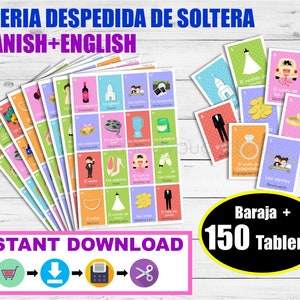 Lotterie Bachelorette Abschied. Bachelorette Spiel. Englisch-Spanisch für den Druck. 150 Tafeln. Druckbare spanische Bingo Brautdusche.