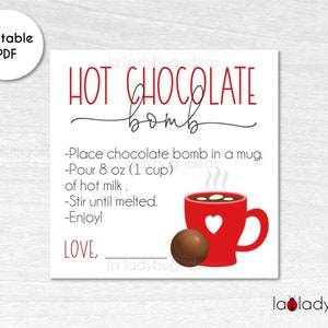 Hot cocoa bomb instructions card. Printable tags for hot chocolate bombs. Instant download. Square label. Hot Chocolate Bomb tag