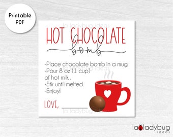 Hot cocoa bomb instructions card. Printable tags for hot chocolate bombs. Instant download. Square label. Hot Chocolate Bomb tag