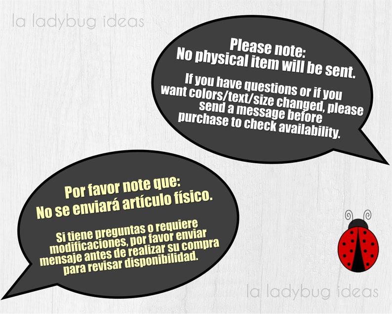 May include: A digital download with text in English and Spanish. The text reads "Please note: No physical item will be sent. If you have questions or if you want colours/text/size changed, please send a message before purchase to check availability." and "Por favor note que: No se enviar&aacute; art&iacute;culo f&iacute;sico. Si tiene preguntas o requiere modificaciones, por favor enviar mensaje antes de realizar su compra para revisar disponibilidad."