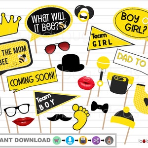 What will it bee photo booth props. Bee Gender reveal baby shower photo props. PDF Printable. DIY baby shower props. Baby shower photo props