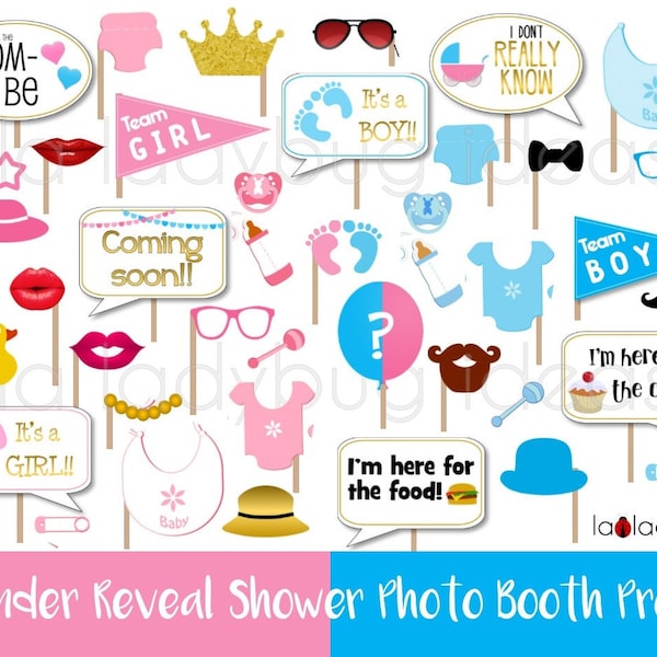 Gender reveal baby shower selfie station props golden. Printable DIY photo booth props. Instant download. Boy or girl. He she. Blue pink