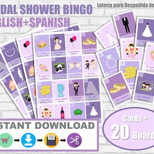 Loteria Despedida de Soltera Ingles-Español para imprimir. Juego de despedida de soltera. PDF. Despedida de Soltera de Bingo Español Imprimible. PÚRPURA