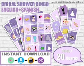 Bingo de despedida de soltera morado, lotería inglés-español (PDF)