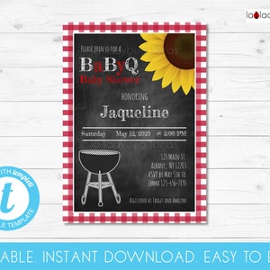 BaByQ invitation. Editable template. BabyQ shower invitation. BBQ Baby shower invitation. Download, edit and print. BBQ Shower red and black