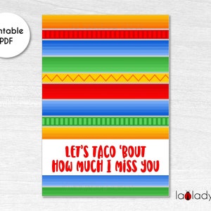 Carte Taco Cookie imprimable. Passons à la carte taco pour les cookies. Tu me manques sur le thème de la fiesta de la carte cookie. Mini carte à biscuits imprimable Fiesta.