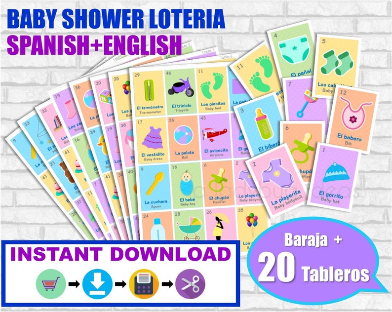 Baby shower Lotería Ingles y Español. Juego para baby shower. Etsy México