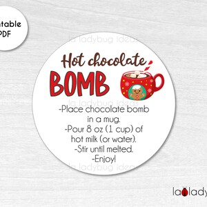 Hot Chocolate Bomb tag. Hot cocoa bomb instructions card. Printable tags for hot chocolate bombs. Instant download. Round label for cocoa.