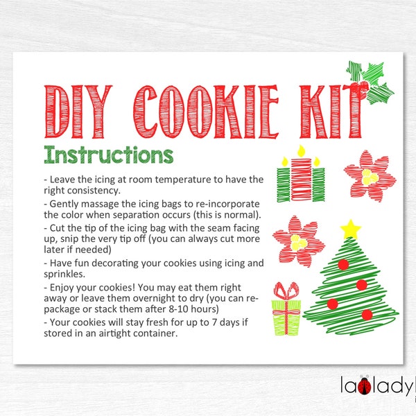 Printable Christmas card for DIY Cookie kit instructions. Printable Instructions DIY cookie kit. Cookie kit card. Cookie instructions card.