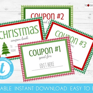 Libro de cupones de Navidad editable. Libro de cupones imprimible. Tarjetas de cupones de regalo editables e imprimibles. Descarga instantánea. Fácil de editar PDF/JPEG
