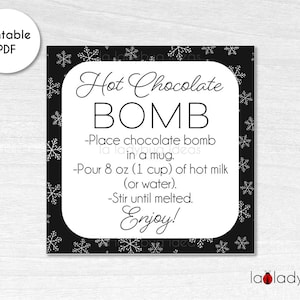 Hot Chocolate Bomb tag. Hot cocoa bomb instructions card. Printable tags for hot chocolate bombs. Instant download. Square label for cocoa.