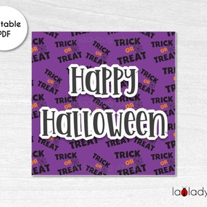 Happy Halloween afdrukbare Cookie Square-tag. Happy Halloween vierkante kaart voor koekjes. Digitale koekjestraktatiekaart. Halloween-koekjestraktatielabel.