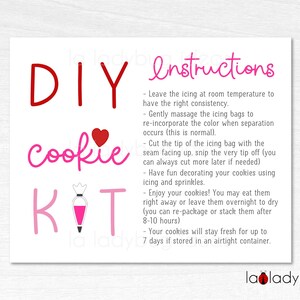 Printable card for Valentines DIY Cookie kit instructions. Printable Instructions card for DIY cookie kit. Valentine&#39;s Day Cookie kit card.