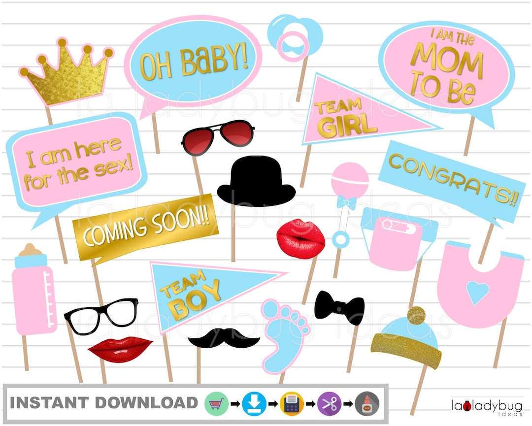 Gender Reveal Photo Booth Props. PDF Printable. DIY Baby Shower Props