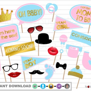 Gender reveal photo booth props. PDF Printable. DIY baby shower props. Baby shower photo props for gender reveal. Boy or girl. Pink or blue.