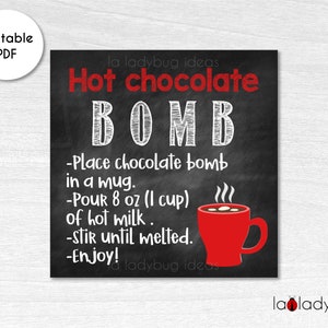 Hot cocoa bomb instructions card 10 to 12 oz. Printable tags for hot chocolate bombs. Instant download. Square label. Hot Chocolate Bomb tag