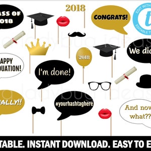 Graduation photo booth props. Editable. Printable file. DIY Graduation photo props. Graduation party props. Instant download. Black and gold