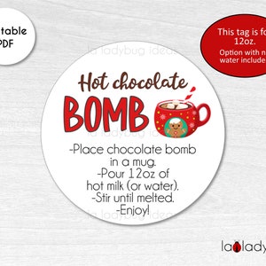 Hot Chocolate Bomb tag 12oz. Hot cocoa bomb instructions card. Printable tags for hot chocolate bombs. Instant download. Round label.