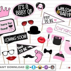 BabyQ photo booth props. Baby Q Pink, white and black baby shower photo booth props. PDF Printable. DIY baby shower photo props for girl.