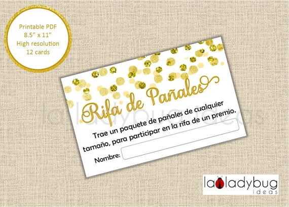 Rifa de pañales, tarjetas y letrero. Printable Diaper Raffle game.  Spanish.PDF Instant download. Boy, girl, gender reveal baby shower. Gold.