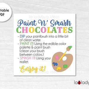 Paint and smash chocolates tag with instructions. Tag for Paint N Smash chocolates instructions. Paint your own chocolate. Instant download.
