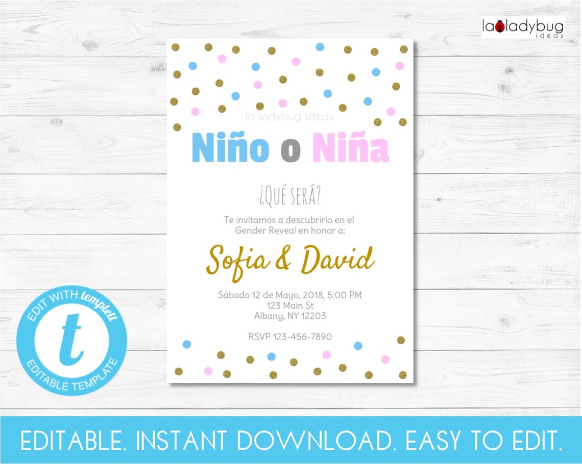 Editable Niño o niña Gender reveal Spanish party invitation. Etsy México