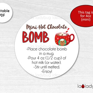 Mini Hot Cocoa Bomb tags 4oz. Hot cocoa bomb instructions card. Printable tags for hot chocolate bombs. Instant download. Round label.