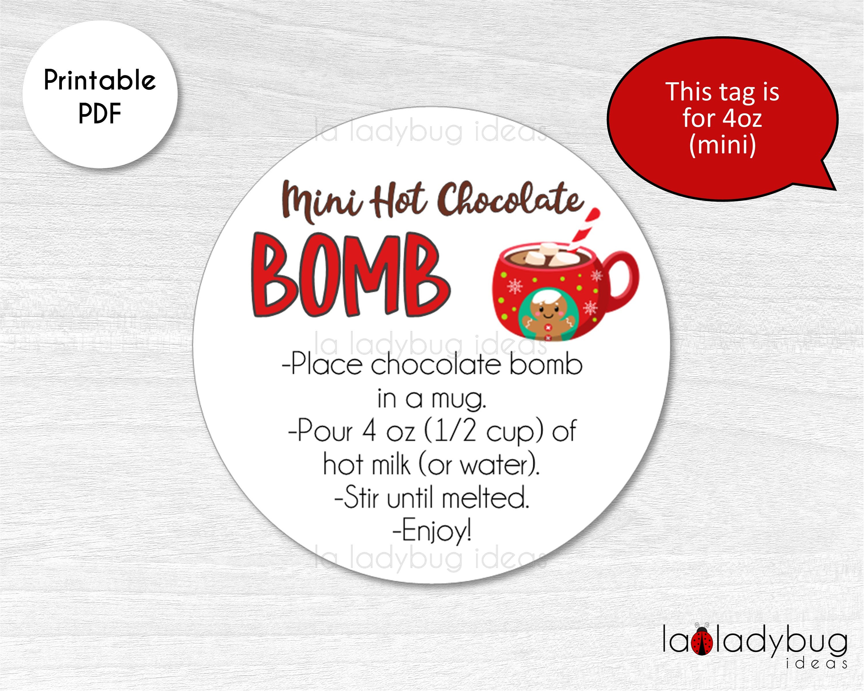 mini hot cocoa bomb tags 4oz. hot cocoa bomb instructions card