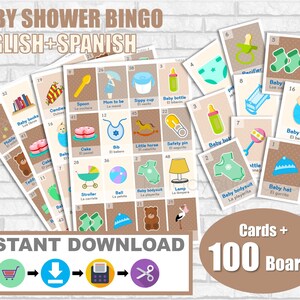 Loteria Baby Shower English-Spanish. Boy Neutral color. Baby shower para niño 100 cartas. PDF para imprimir. Instant download. Neutral color