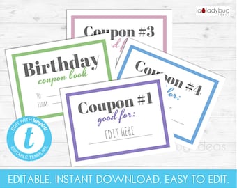 Editable Birthday coupon book. Printable coupon book. Editable and printable gift coupon cards. Instant download. Easy to edit PDF/JPEG