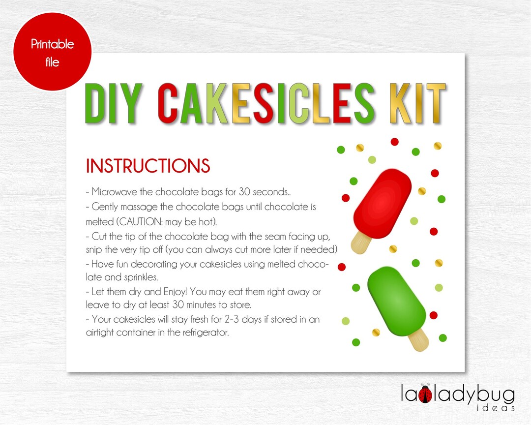 DIY Cakesicles Kit Instructions Card Christmas. Printable Instructions