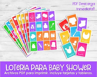 Juego para baby shower. Lotería para Baby Shower en Español. Archivo PDF para imprimir. Printable Baby shower bingo Spanish Instant download