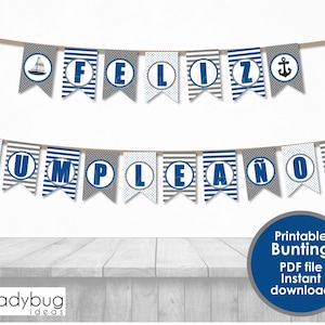 Banderín Feliz cumpleaños. Decoración Thema marinero. Druckbar. Spanische digitale Seemanns-Grauwimpelkette. PDF Sofortiger Download. Feliz cumpleanos.