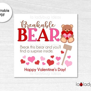 Breakable bear chocolate tag. Breakable bear  custom tag. Printable tags for breakable chocolate bear. Instant Download. Valentine&#39;s Day.