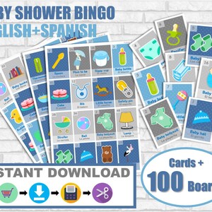 Blue Baby Shower Bingo English-Spanish. Boy custom color.  Baby shower para niño 100 cartas. PDF para imprimir. Instant download. Blue/gray.
