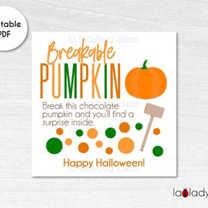 Breakable chocolate pumpkin tag. Breakable pumpkin printable tag. Printable tags for Halloween. Halloween tags. Instant Download file.