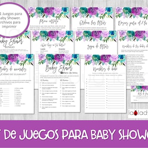 Juegos para baby shower de flores. Juegos de baby shower en español. Juegos de baby shower para imprimir. 11 juegos. Floral. Púrpura y verde azulado