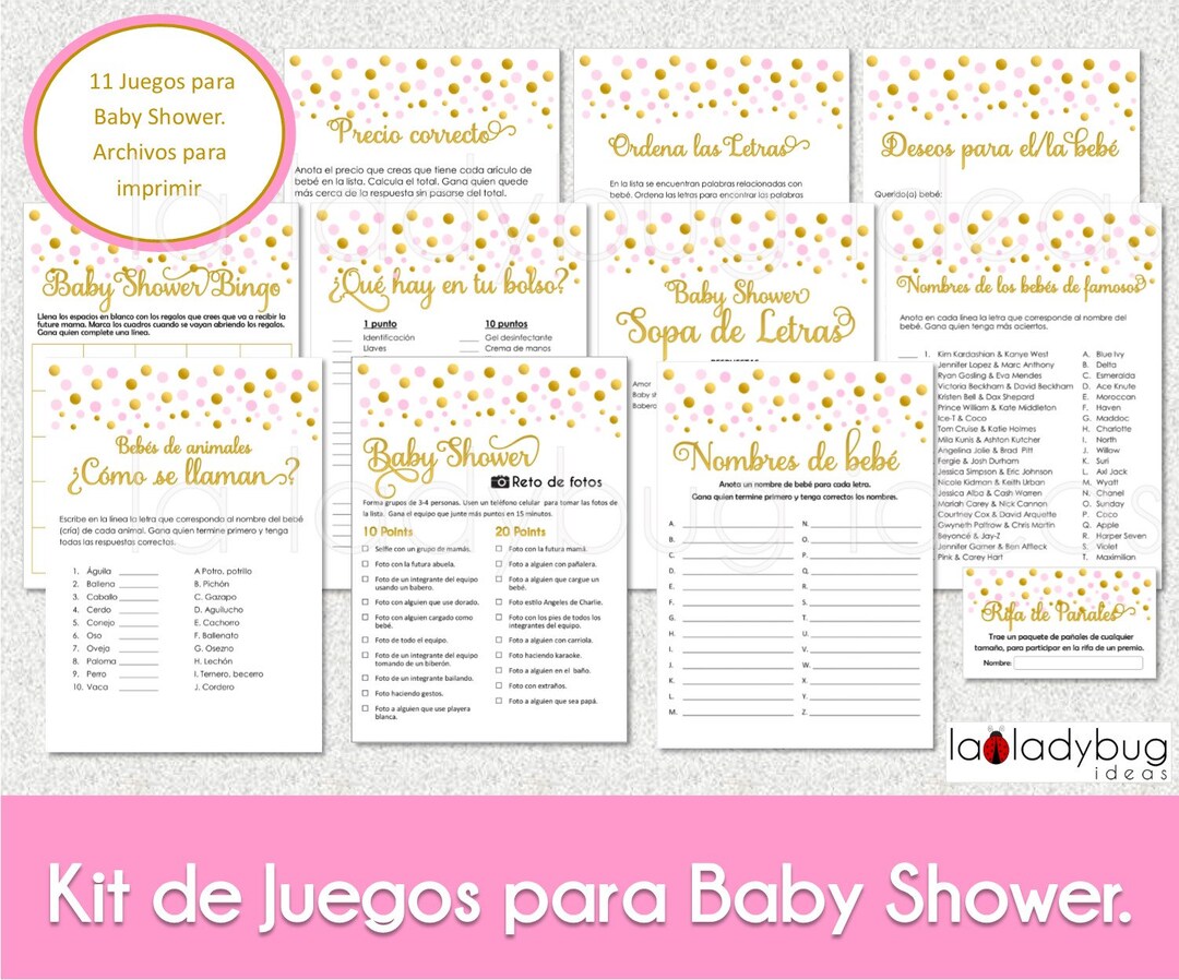 Baby Shower Juegos Para Imprimir. Pink and Gold. 11 Juegos. Baby Shower
